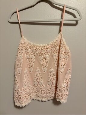 Tiny by Anthropologie Delicate Lace-Overlay Blush Camisole with Scalloped Hem